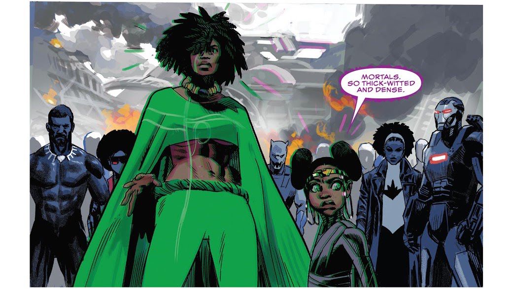 “Mortals. So thick-witted and dense.” Bast says as she and Zenzi are surrounded by earth’s Black superheroes in Black Panther #25, Marvel Comics (2021). 