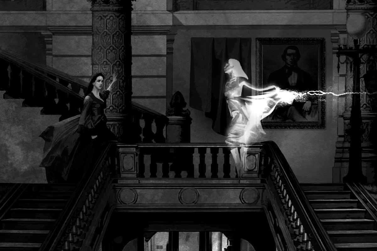 Un'apparizione appare all'interno della tromba delle scale di un teatro ben arredato.  Una donna sembra sbalordita.