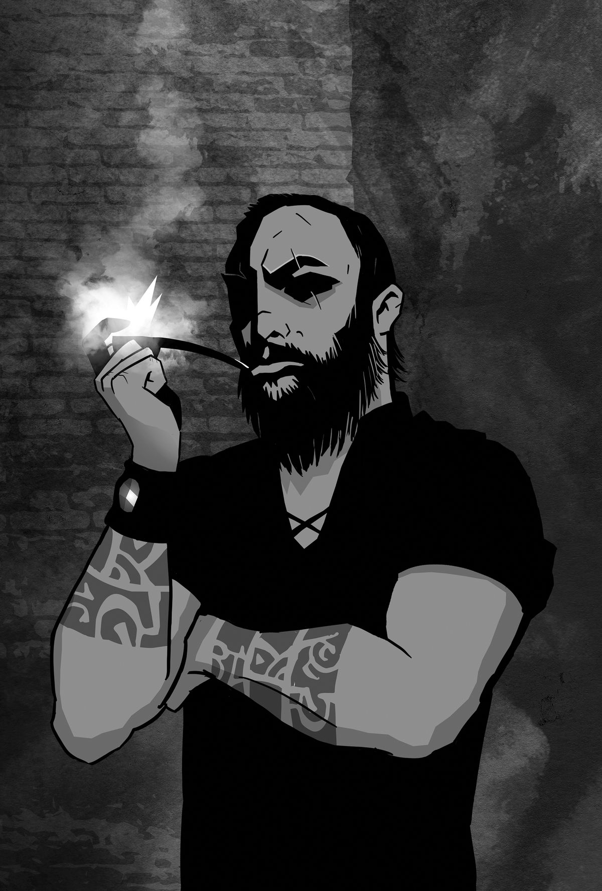 Un uomo con tatuaggi su entrambi i polsi fuma la pipa.