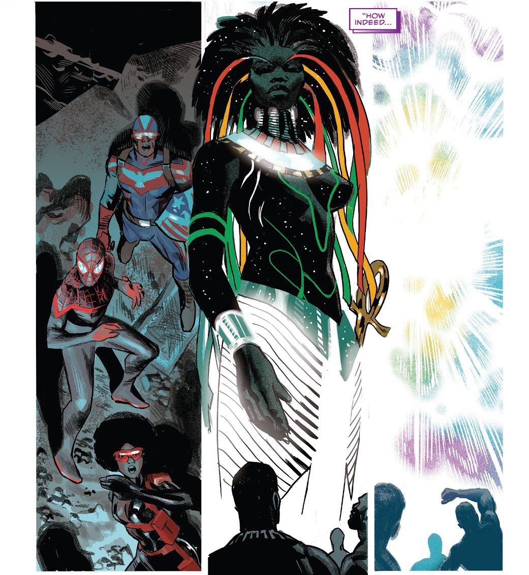 Bast, nella sua nuova forma, la sua pelle scura e i suoi capelli punteggiati di stelle cosmiche, stelle filanti tra i capelli con i colori della bandiera panafricana, appare ai supereroi Black Marvel riuniti, e poi scompare in un'esplosione di luce in Black Panther #25, Fumetti Marvel (2021). 