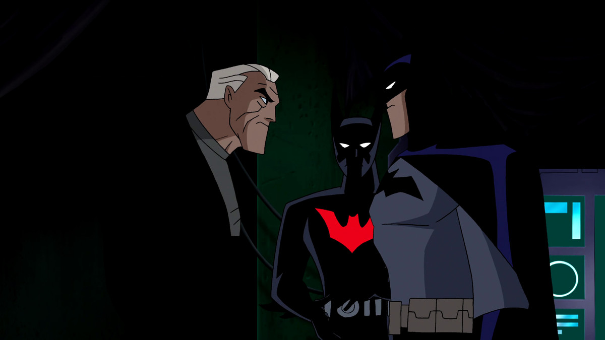 Bruce Wayne, Batman (Terry McGinnis), and Batman (Bruce Wayne) meet in The Once and Future Thing, Part Two: Time, Warped