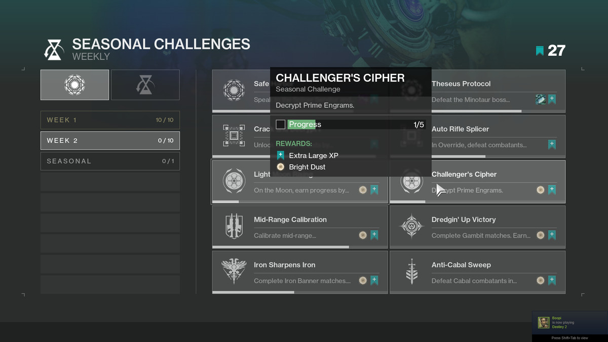 Il menu della sfida stagionale di Destiny 2
