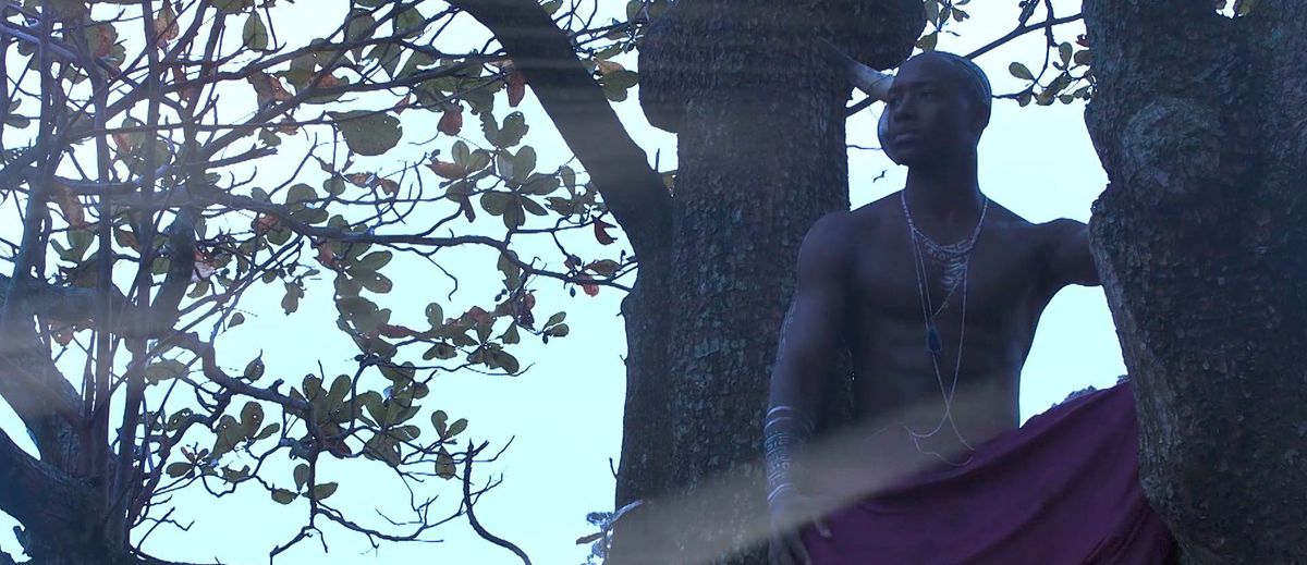 Un uomo nero a torso nudo che indossa braccialetti e collane siede su un albero in Il viaggio