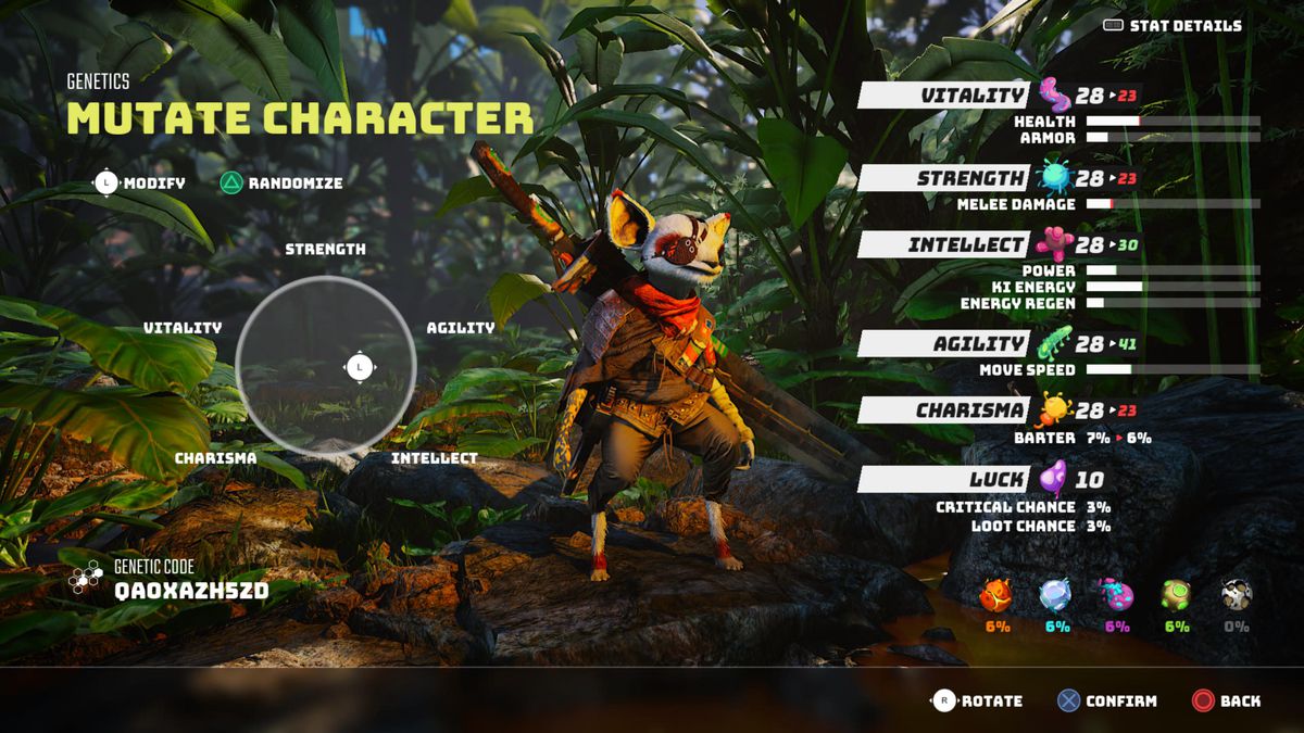 schermata di creazione del personaggio in Biomutant che mostra il personaggio del giocatore e i suoi attributi, che possono essere modificati spostando un reticolo a sinistra dello schermo