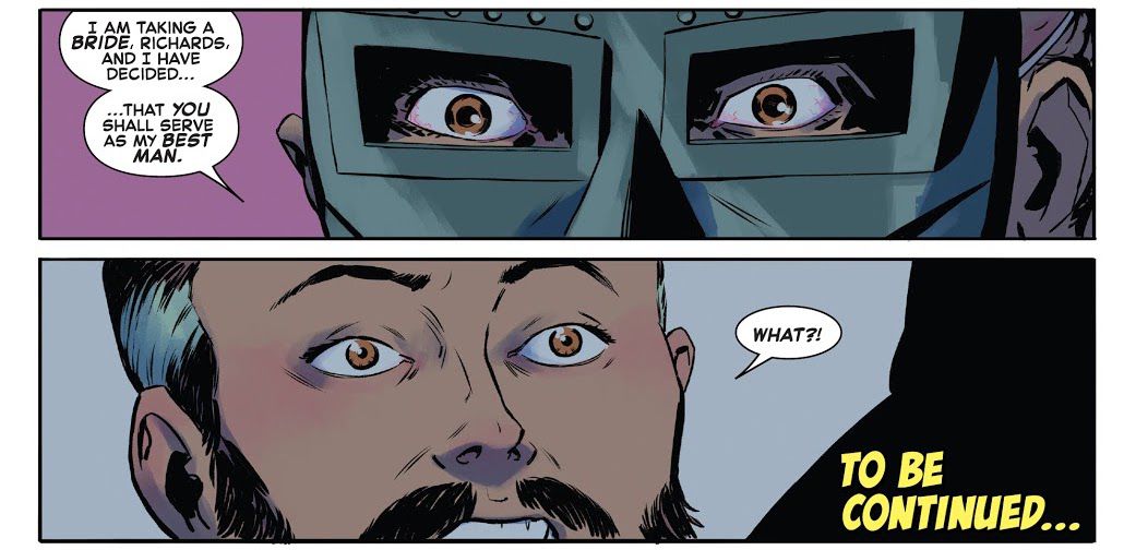Il dottor Destino dice a uno sbalordito Reed Richards di averlo scelto come suo testimone in Fantastic Four # 32, Marvel Comics (2021). 