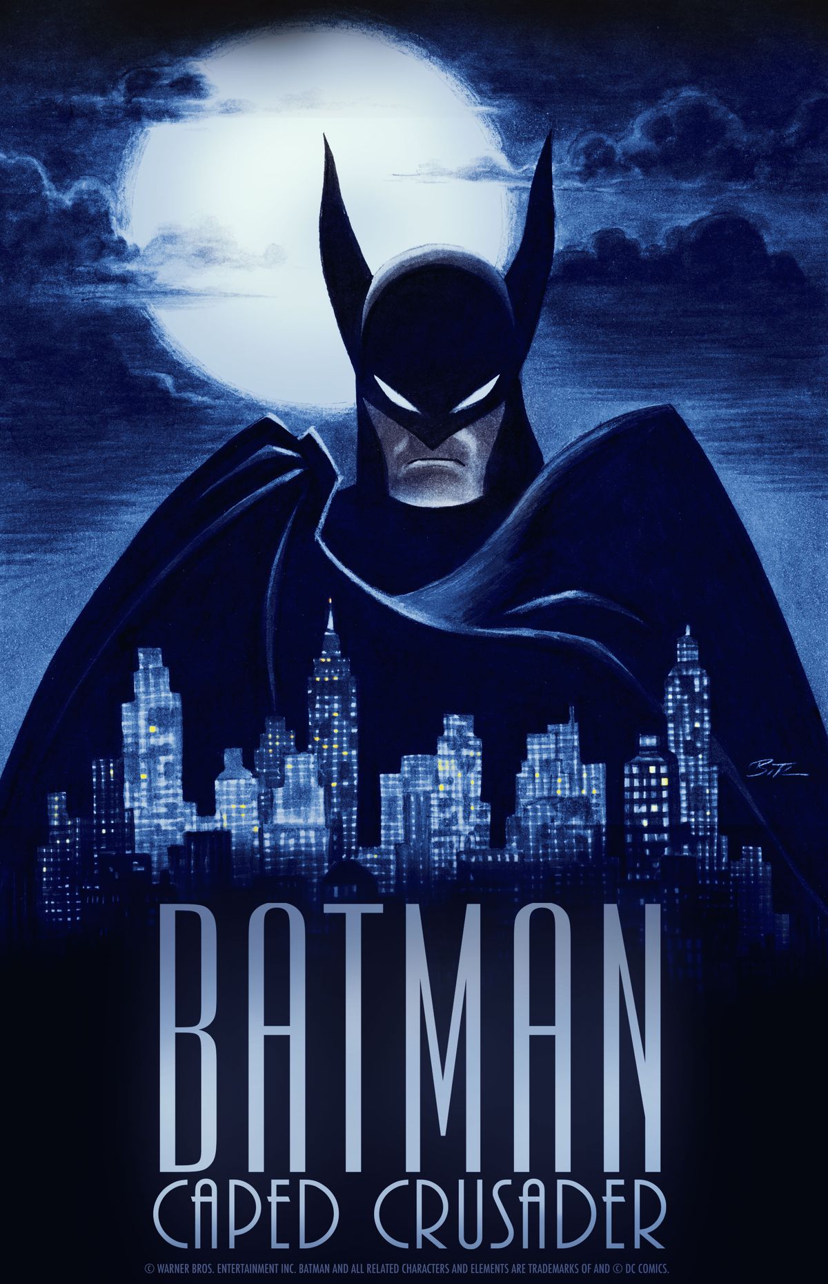 artwork per Batman: Caped Crusader, con un Batman dalle orecchie molto alte e appuntite che incombe su Gotham City di notte con una luna gigante dietro di lui