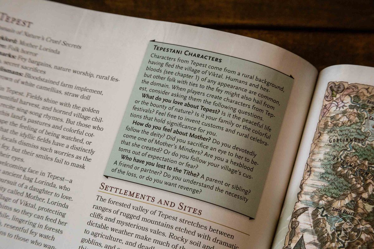 Una pagina dalla Guida di Van Richten a Ravenloft che mostra le opzioni dei personaggi per creare un personaggio Tepestani.