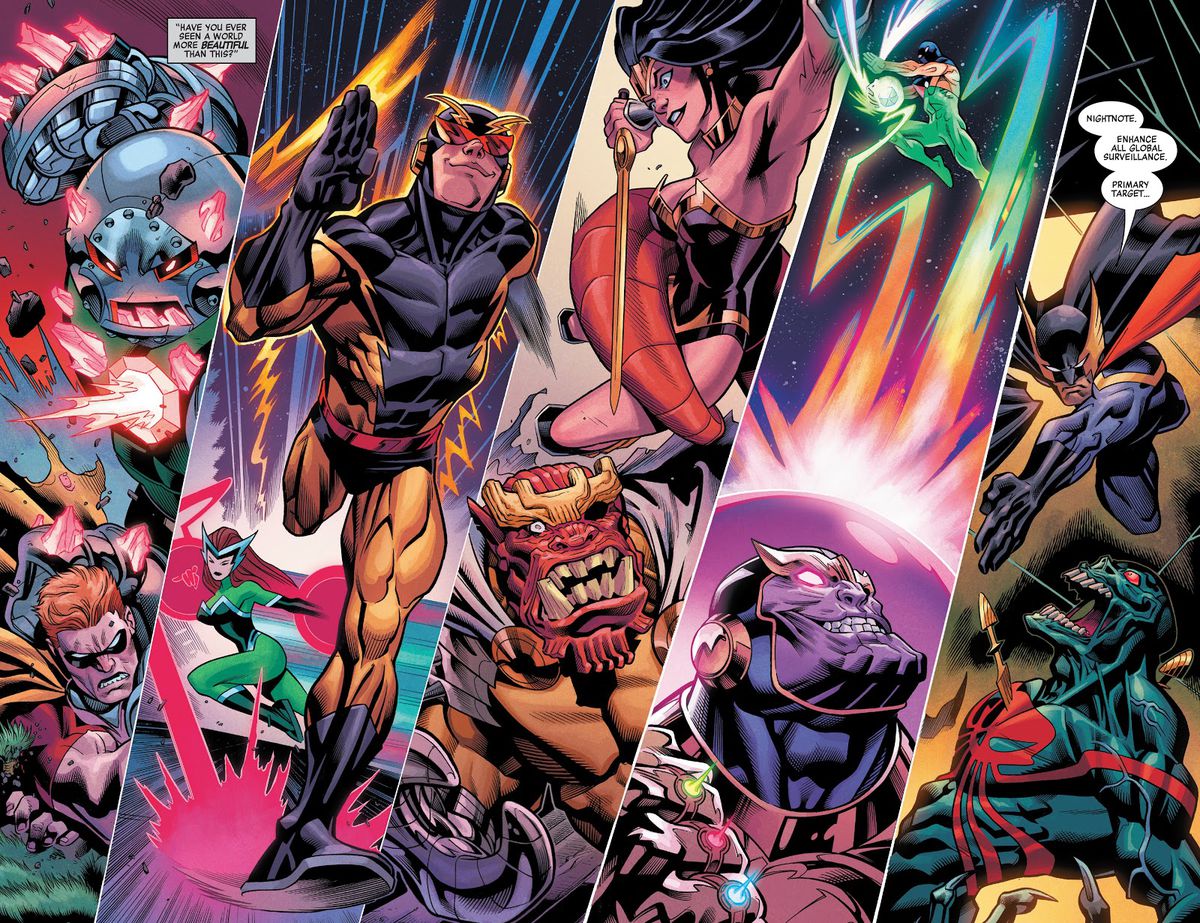 Lo Squadrone Supremo affronta i supercriminali fusi Doctor Juggernaut, la Strega d'Argento, All-Gog, Thanos ei suoi Anelli dell'Infinito e il Teschio Nero, in Heroes Reborn # 1, Marvel Comics (2021). 