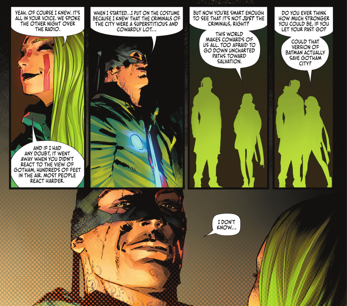 Miracle Molly of the Unsanity Collective chiede a un Batman travestito se ha mai considerato quanto sarebbe più forte nei panni del Cavaliere Oscuro se lasciasse andare il suo passato in Batman # 108, DC Comics (2021). 