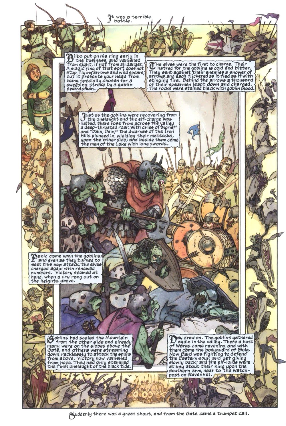 Elfi, goblin e uomini si scontrano in una pagina riccamente illustrata della Battaglia dei cinque eserciti in The Hobbit: An Illustrated Edition of the Fantasy Classic, Eclipse Comics (1989).