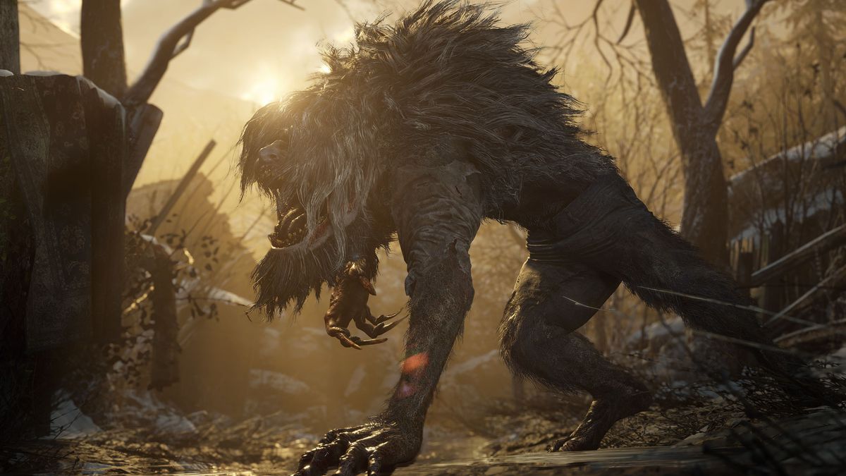 Una bestia simile a un lupo mannaro si aggira intorno a un'area boschiva al tramonto nel villaggio di Resident Evil