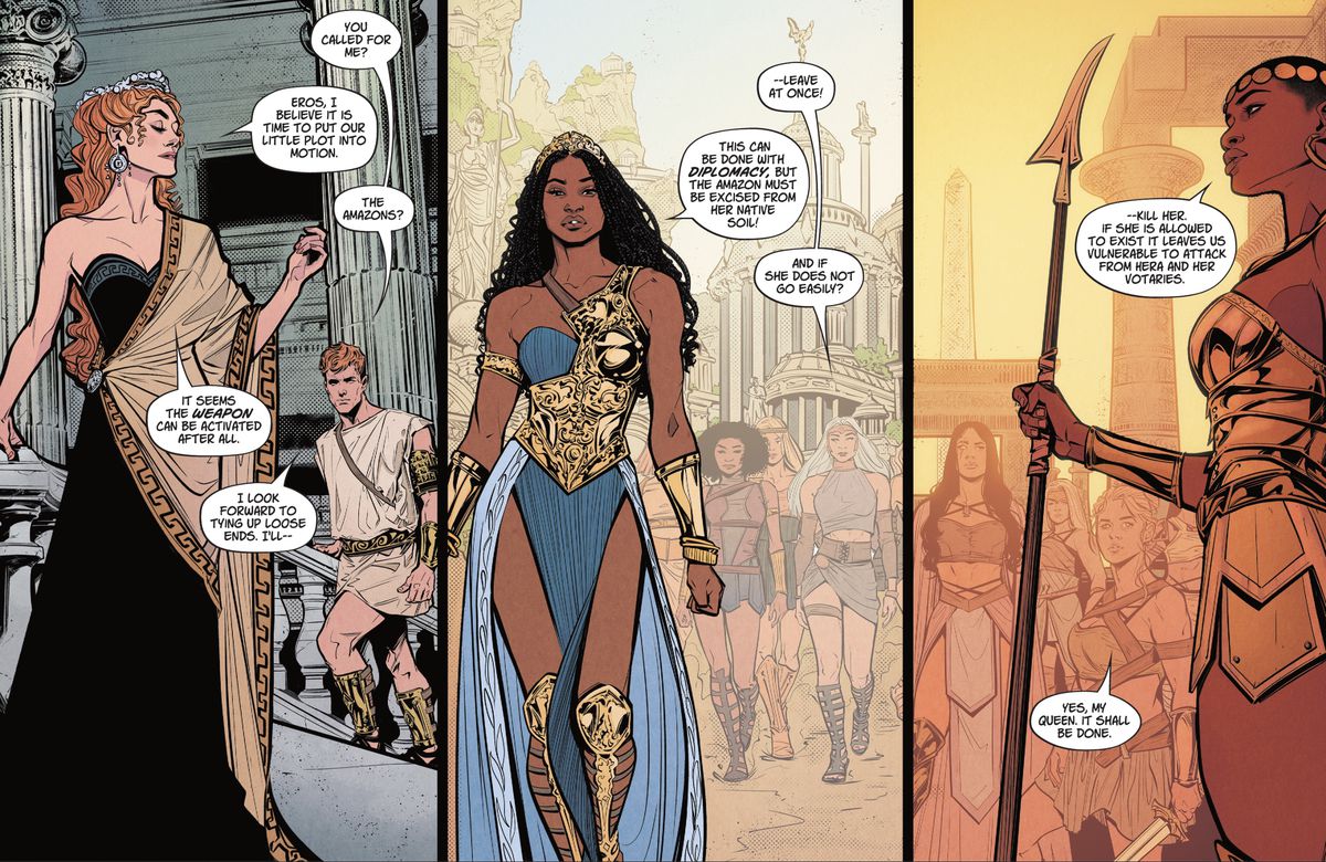 Hera, la regina Nubia delle Amazzoni e la regina Faruka dei Bana-Mighdall radunano tutte indipendentemente le loro forze per cercare Yara Flor in Wonder Girl # 1, DC Comics (2021). 
