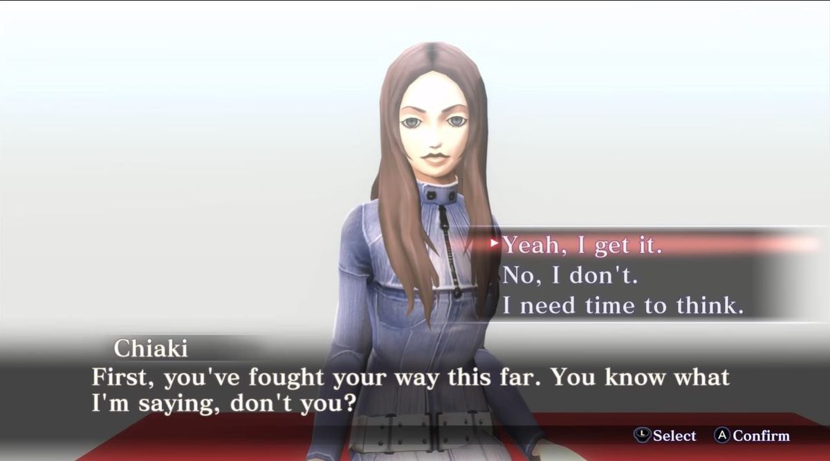 Chiaki parla con il personaggio del giocatore in Shin Megami Tensei 3: Nocturne