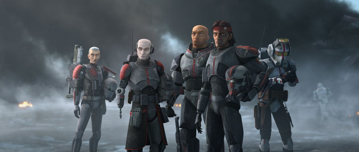 I cinque membri di Clone Force 99 stanno insieme in uno sfondo grigio e nebbioso in The Bad Batch