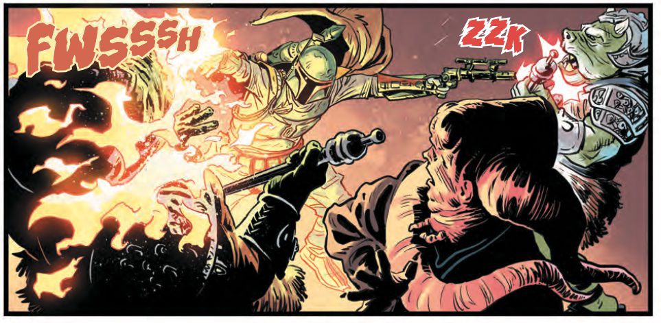 Boba Fett scarica sulle guardie al palazzo di Jabba in Star Wars: War of the Bounty Hunters #1, (2021). 