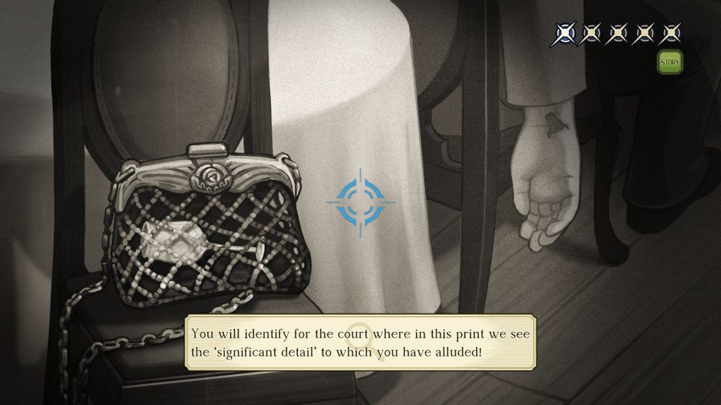 A picture of a purse on a chair, to be presented as evidence in a case in The Great Ace Attorney