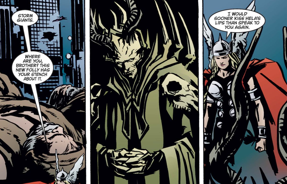 Thor (trasformato in una donna) affronta un Loki vestito, con corna ossee e molte punte e protuberanze in Earth X # 5 (1999). 