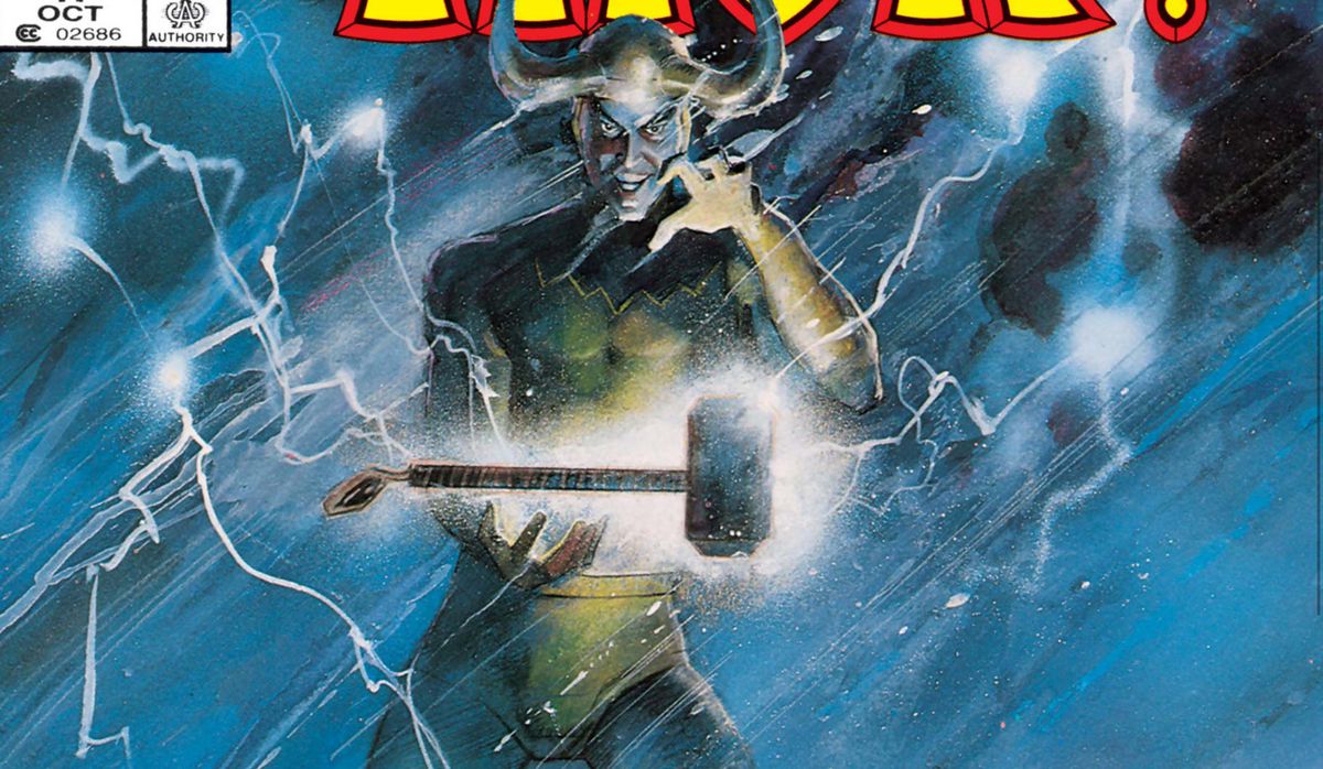 Loki si trova in un temporale con Mjolnir che fluttua tra le sue mani sulla copertina di What If?  #47 (1984). 