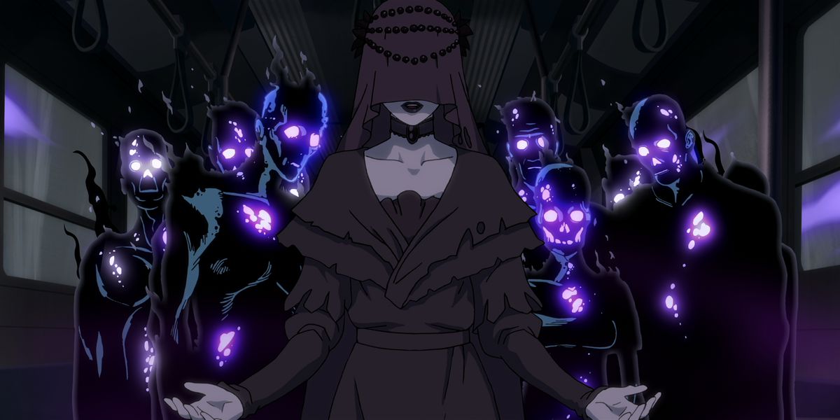 Una donna velata in viola intenso si trova di fronte a una folla di creature umanoidi nere ribollenti e dagli occhi viola a Trese