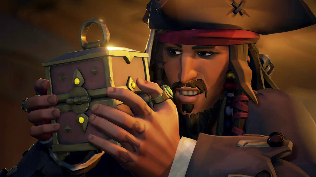 Il Capitano Jack Sparrow esamina un forziere in Sea of ​​Thieves