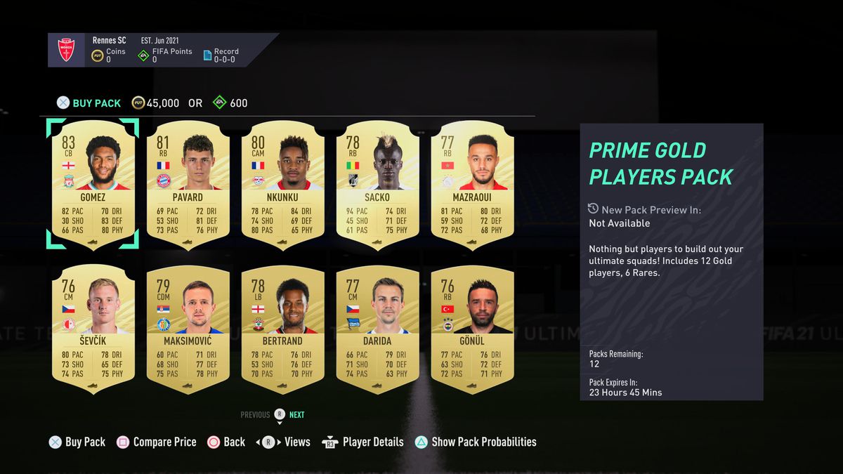 immagine che mostra tutti i 10 oggetti disponibili in un pacchetto giocatori Prime Gold per FIFA Ultimate Team in FIFA 21