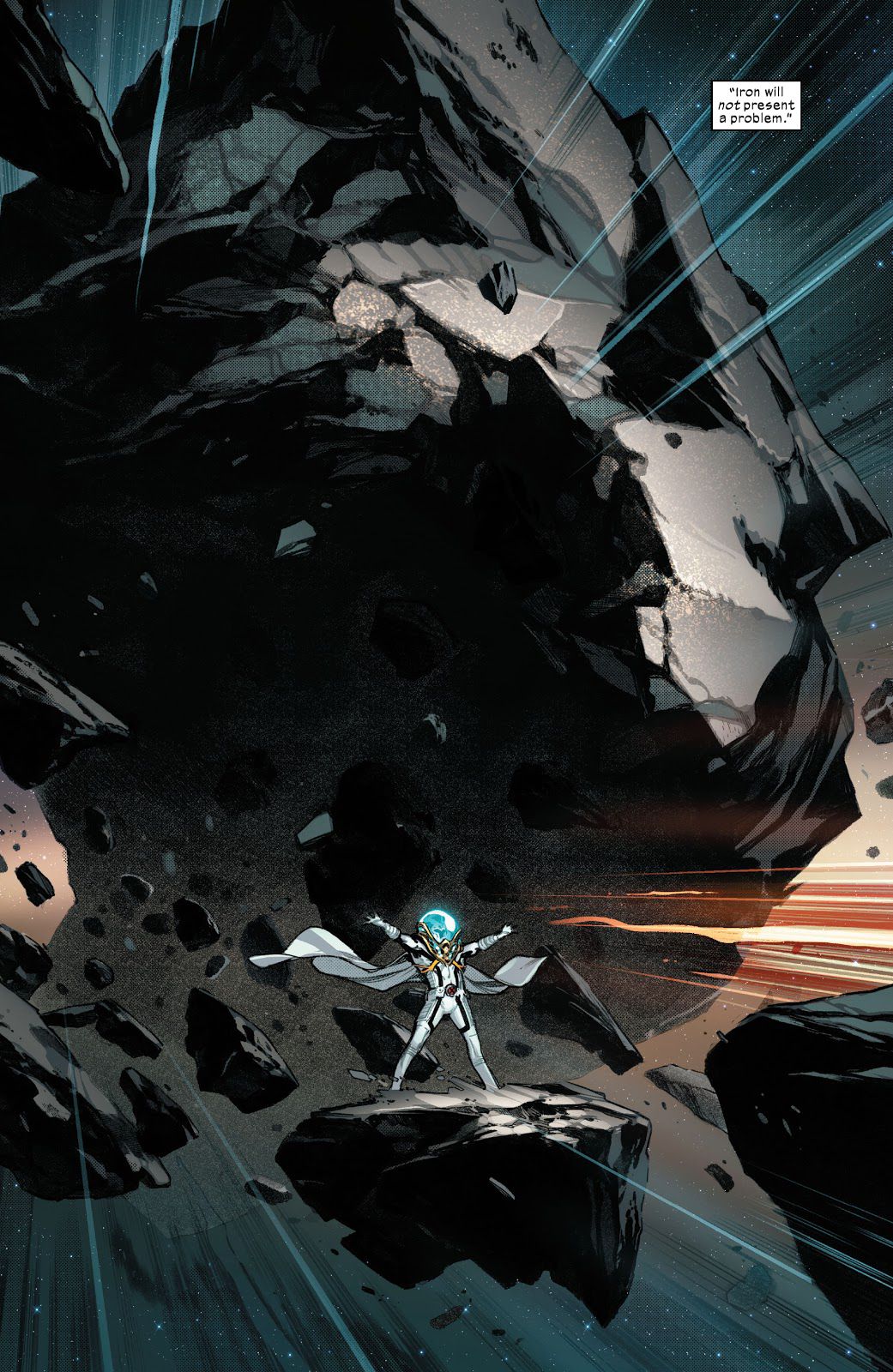 Magneto è in piedi, largo i piedi, le braccia tese, su un asteroide mentre trascina un enorme branco di rocce piene di ferro attraverso lo spazio in Planet-Size X-Men #1 (2021). 