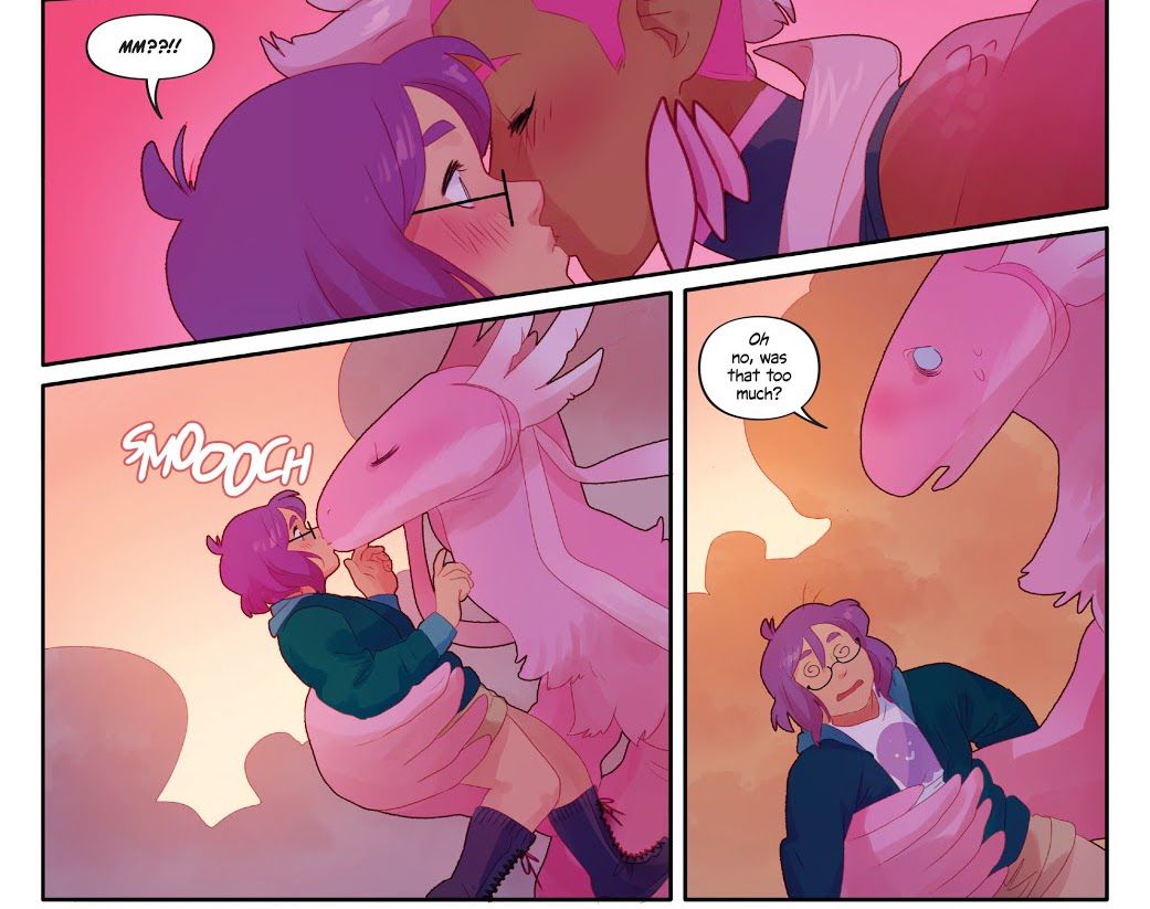 Mia afferra Gigi e la bacia, dando loro il potere di trasformarsi di nuovo in un grande drago rosa axolotl.  Gigi è stordito, trattenuto nella grande zampa di Mia.  