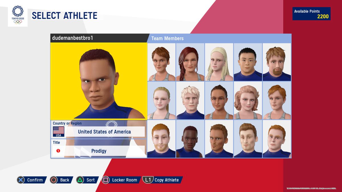schermata che mostra un personaggio principale dell'atleta e i suoi 15 compagni di squadra ai Giochi Olimpici di Tokyo 2020