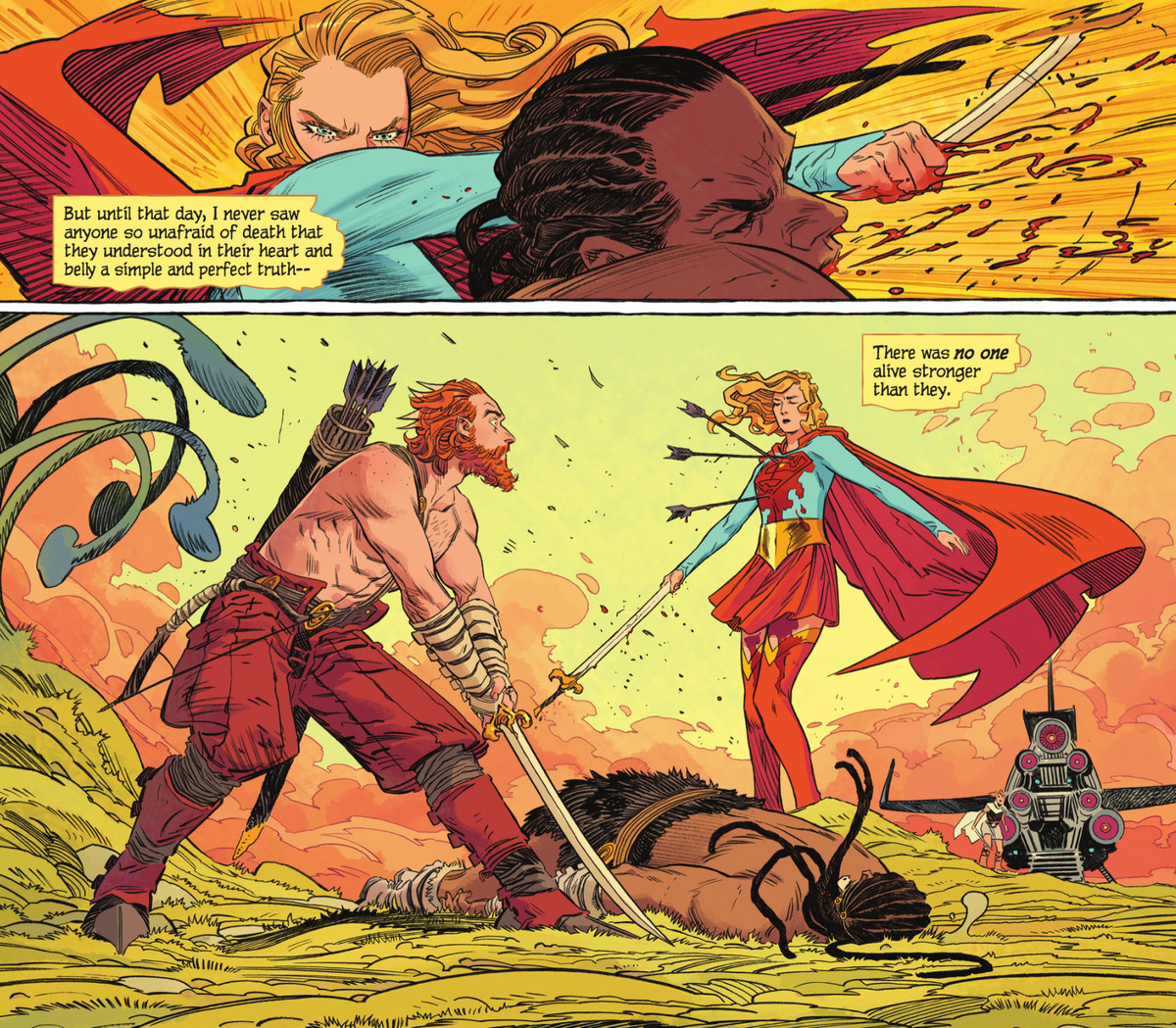 Tenendo la sua spada per la punta della lama, Supergirl colpisce a terra un assalitore con un pugno, per lo shock del suo amico, che ha scoccato le tre frecce conficcate nel suo petto insanguinato.  