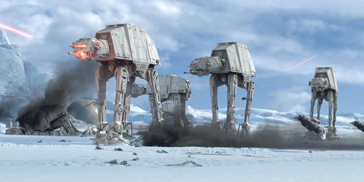 Gli Snowspeeder combattono contro gli AT-AT su Hoth in un'immagine di The Empire Strikes Back