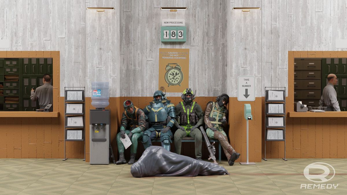 Tre operai della FBC e una sacca per cadaveri siedono su una panchina in attesa nella concept art di Condor, lo spin-off multiplayer di Control