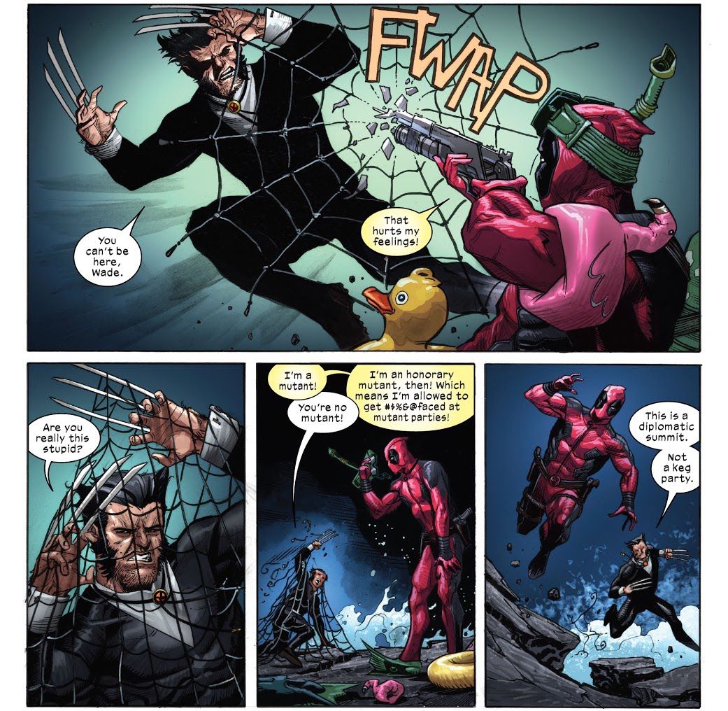 Deadpool e Wolverine combattono sulle rocce spazzate dall'oceano, mentre discutono.  