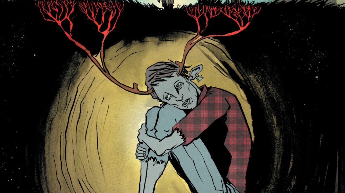 Gus siede in un tunnel sotterraneo, abbracciandosi le ginocchia, le sue corna che crescono nella terra e diventano radici rosso sangue, sulla copertina di Sweet Tooth #9 (2010). 