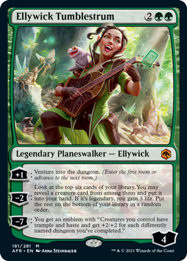 Ellywick Tumblestrum, Planeswalker leggendario — Ellywick.  Il suo emblema -7 dà +2/+2 a ogni creatura che controlli per ogni dungeon con nome diverso che hai completato.