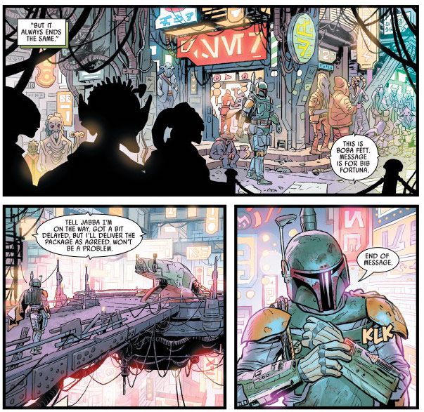 Boba Fett attraversa un vivace mercato alieno illuminato da insegne al neon fino alla sua nave in Star Wars: War of the Bounty Hunters #1, (2021).