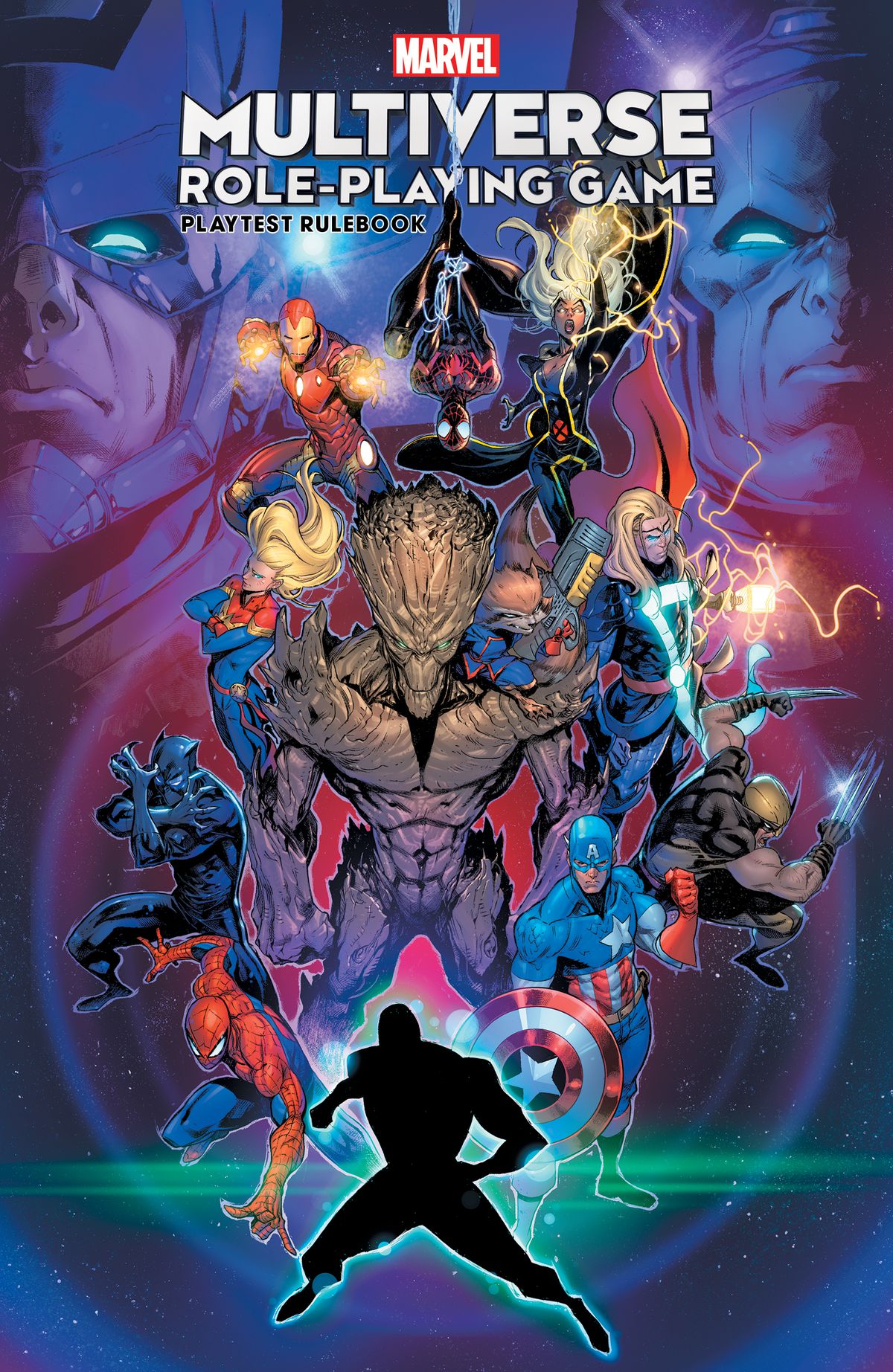 Copertina del libro delle regole del test di gioco del multiverso Marvel, con gli eroi Spider-Man, Capitan America, Black Panther, Capitan Marvel e altri.
