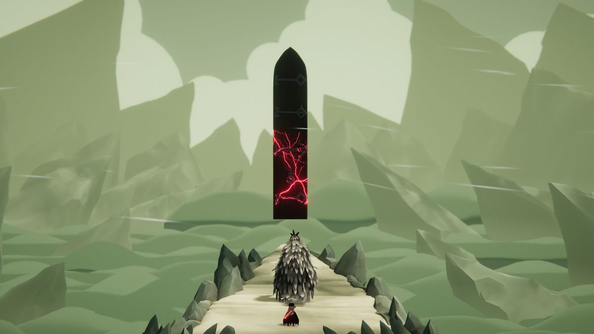 Death's Door - il corvo protagonista si trova di fronte a un uomo con un mantello piumato, osservando un pilastro crepato rosso e nero