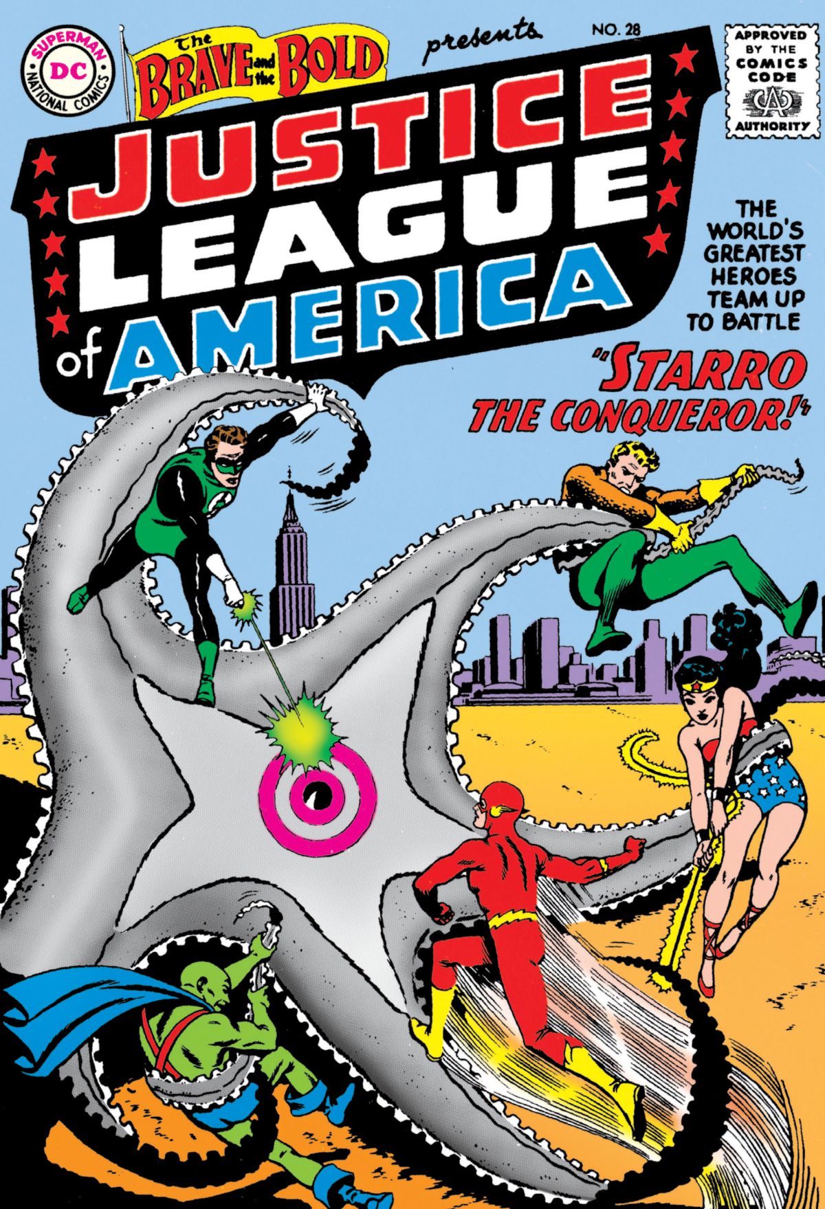 Lanterna Verde, Aquaman, Wonder Woman, Martian Manhunter e Flash combattono contro Starro, una stella marina gigante con un occhio centrale sulla copertina di The Brave and the Bold #28 (1960). 