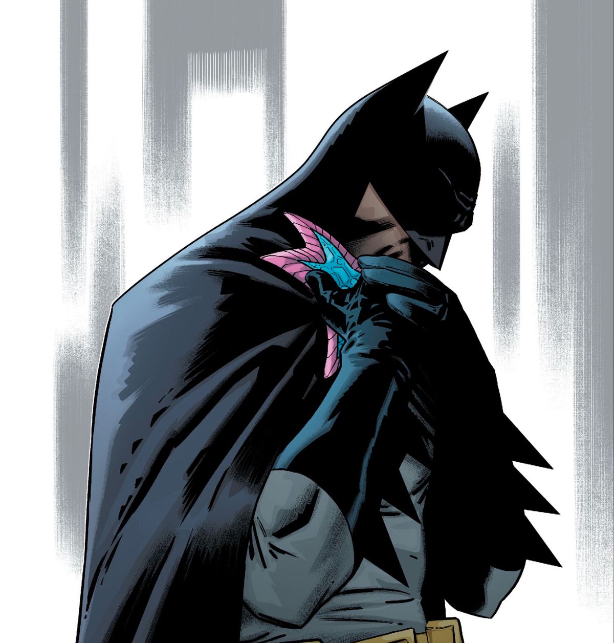 Jarro, che è una piccola stella marina blu proveniente dallo spazio con un bordo rosa e un occhio centrale, condivide un abbraccio con Batman, in Justice League #29, DC Comics (2019).
