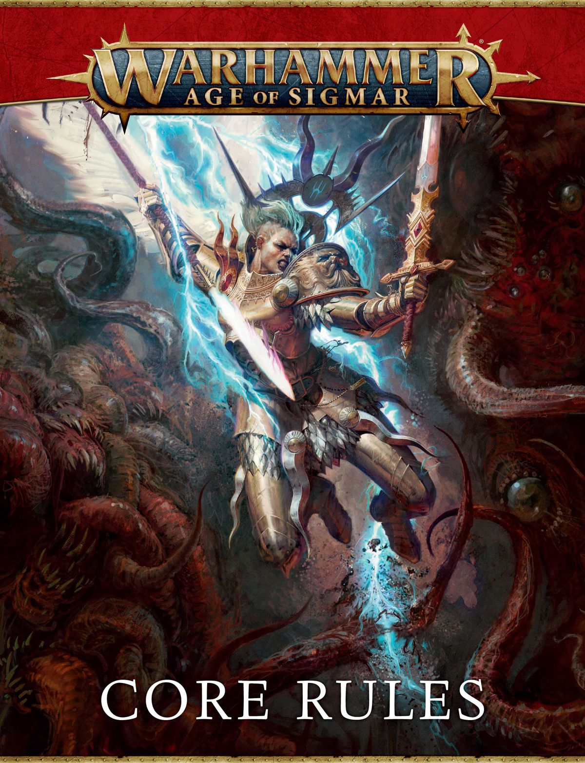 La copertina del nuovo regolamento base della terza edizione di Warhammer Age of Sigmar mostra uno Stormcast Eternal in battaglia con una bestia del Chaos.