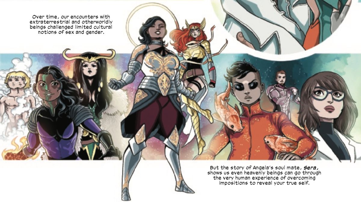 Un'immagine collage di personaggi Marvel queer, ma per lo più genderqueer, tra cui Xavin, Lady Loki, Sera, Angela, Koi Boi e il Dr. McGowan in Marvel Voices: Pride #1 (2021).