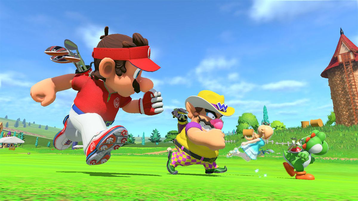 Mario, Wario, Rosalina e Yoshi corrono su un campo da golf in Mario Golf: Super Rush.  Sono amici o nemici?  È impossibile dirlo.