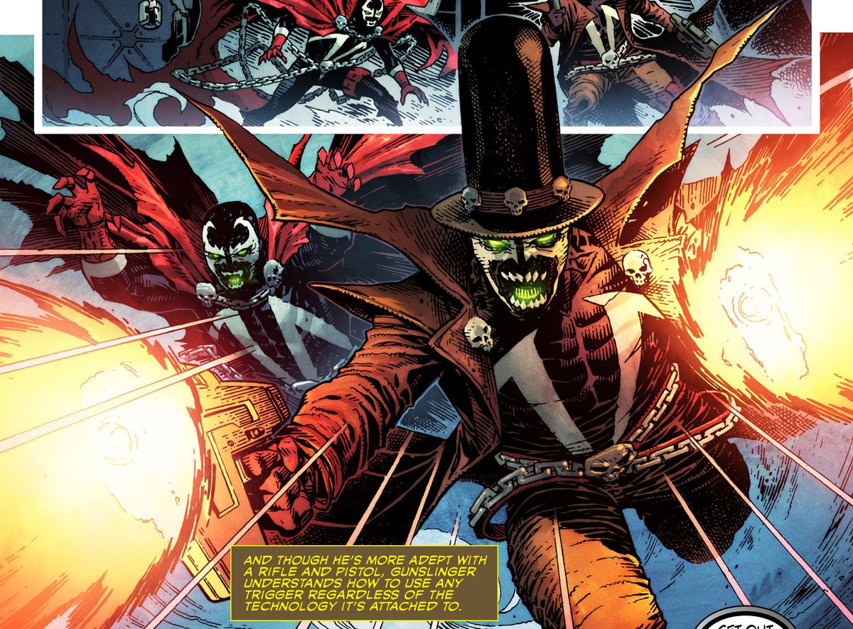 Spawn e Gunslinger – che sembra un Old West Spawn con un cappello – si fanno strada da una situazione difficile in Spawn's Universe #1 (2021).
