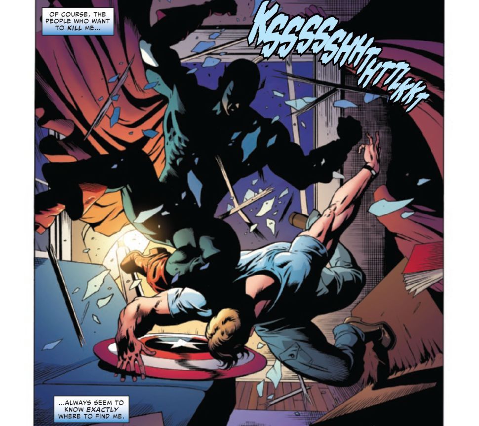 Un misterioso aggressore vestito da Capitan America si schianta contro una finestra e su Steve Rogers in United States of Captain America #1 (2021). 