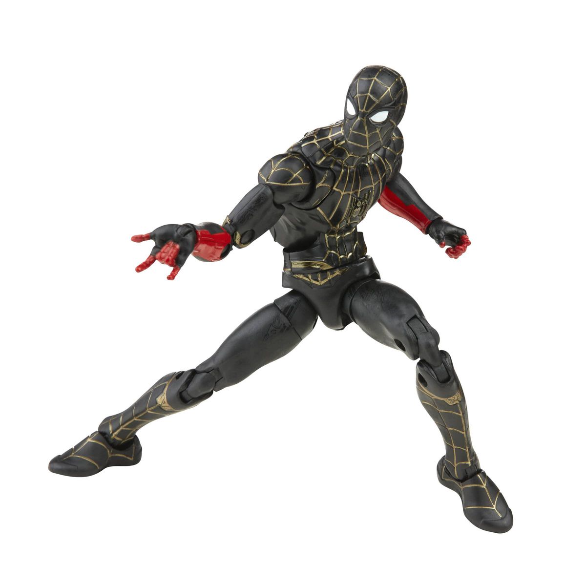 Una action figure in posa di Spider-Man in un abito nero e oro da Spider-Man: No Way Home