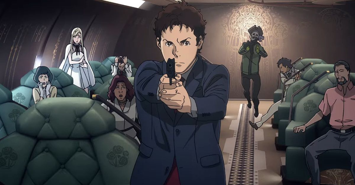 Hathaway Noa punta un'arma da fuoco a bordo di un'astronave in Mobile Suit Gundam Hathaway