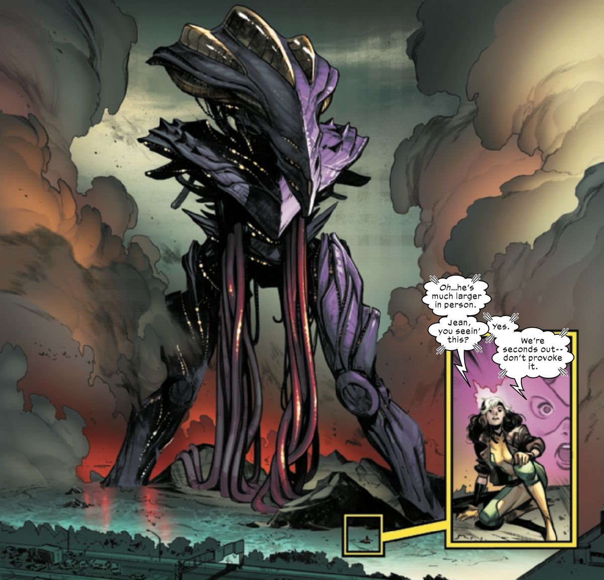 Rogue è una minuscola figura, ingrandita in un riquadro, di fronte a un enorme mostro corazzato e tentacolare che torreggia su un'autostrada di New York in X-Men #1 (2021). 