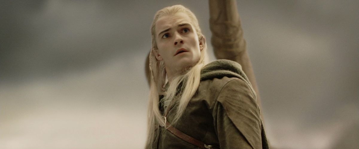 Legolas finishes his slide down the mumakil’s trunk and looks confused.