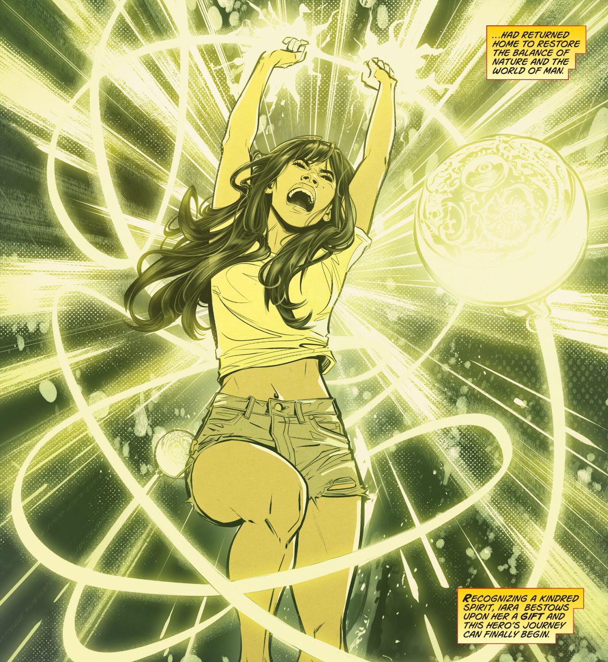 Yara Flor è trafitta dall'energia divina quando afferra la boladora d'oro ed è incarnata dal potere di Wonder Girl in Wonder Girl #2 (2021). 