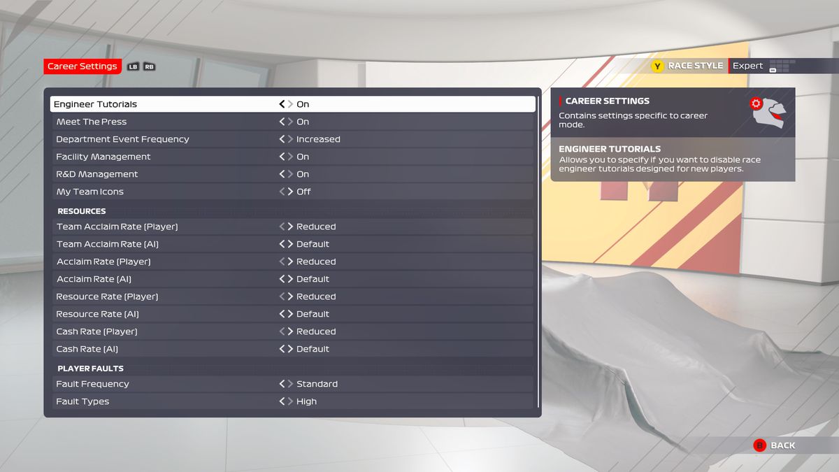 Un menu in F1 2021 che mostra tutte le opzioni di difficoltà che un utente può selezionare